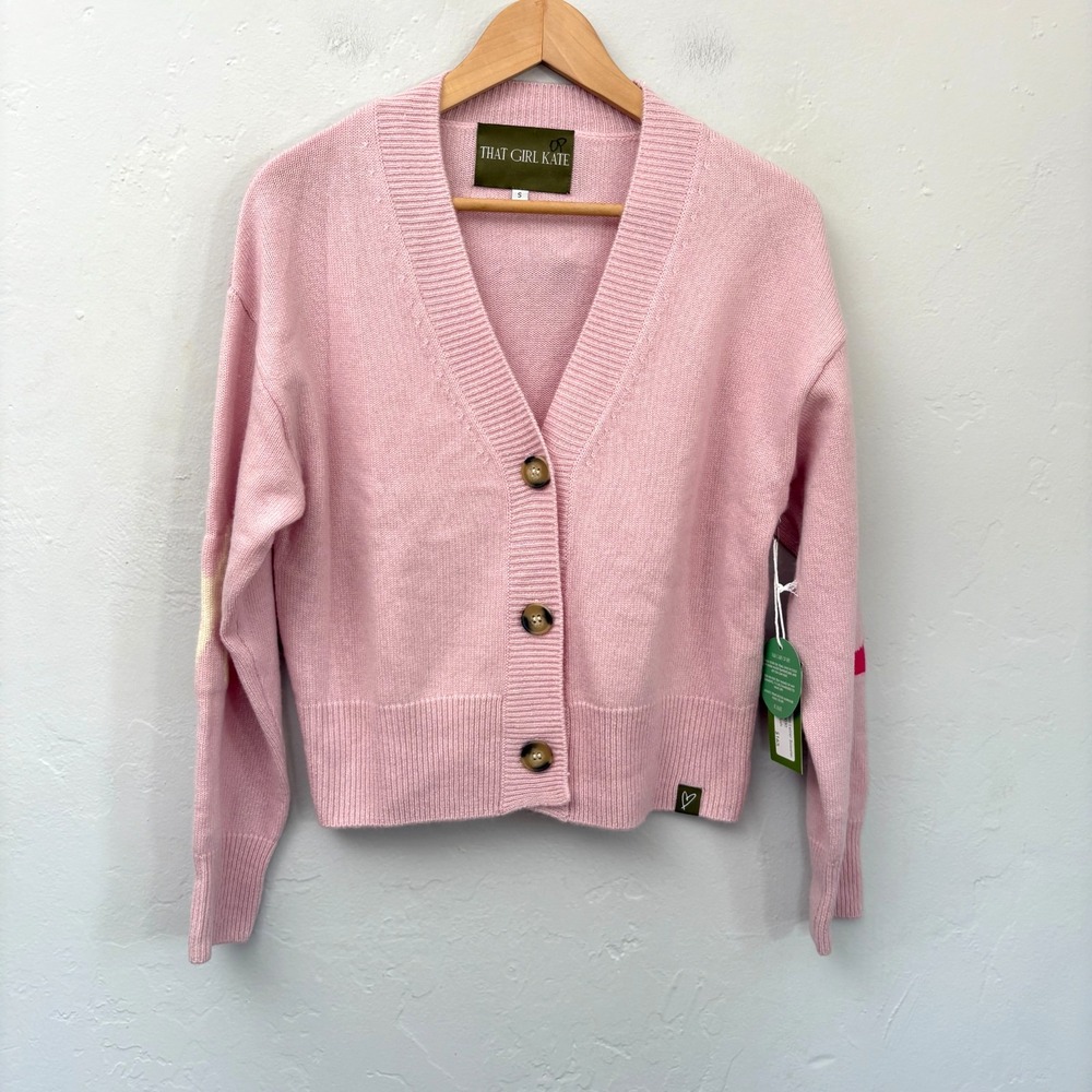 That Girl Kate Love Letter Sweater Cardigan Size Small Pink Wool Cashmere New